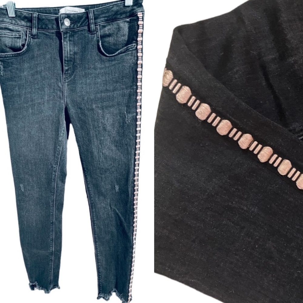 ZARA Black jeans embellished pink thread stitching side hem size 6 raw 8818
